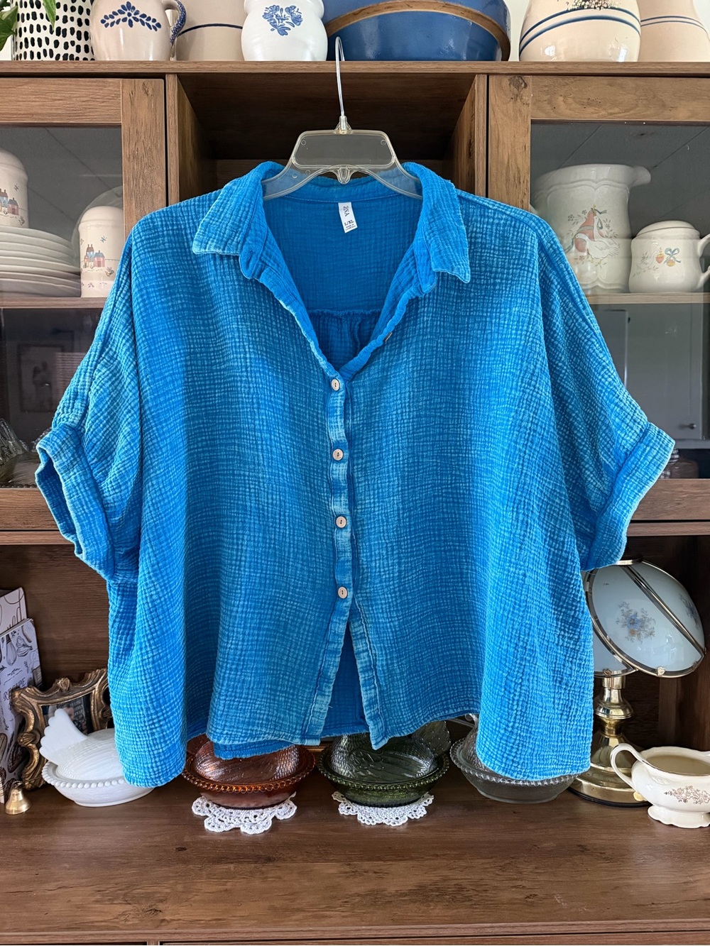 Zenana Oversized Cotton Gauze Button Down Shirt Blue Size L/XL Boxy Boho Coastal